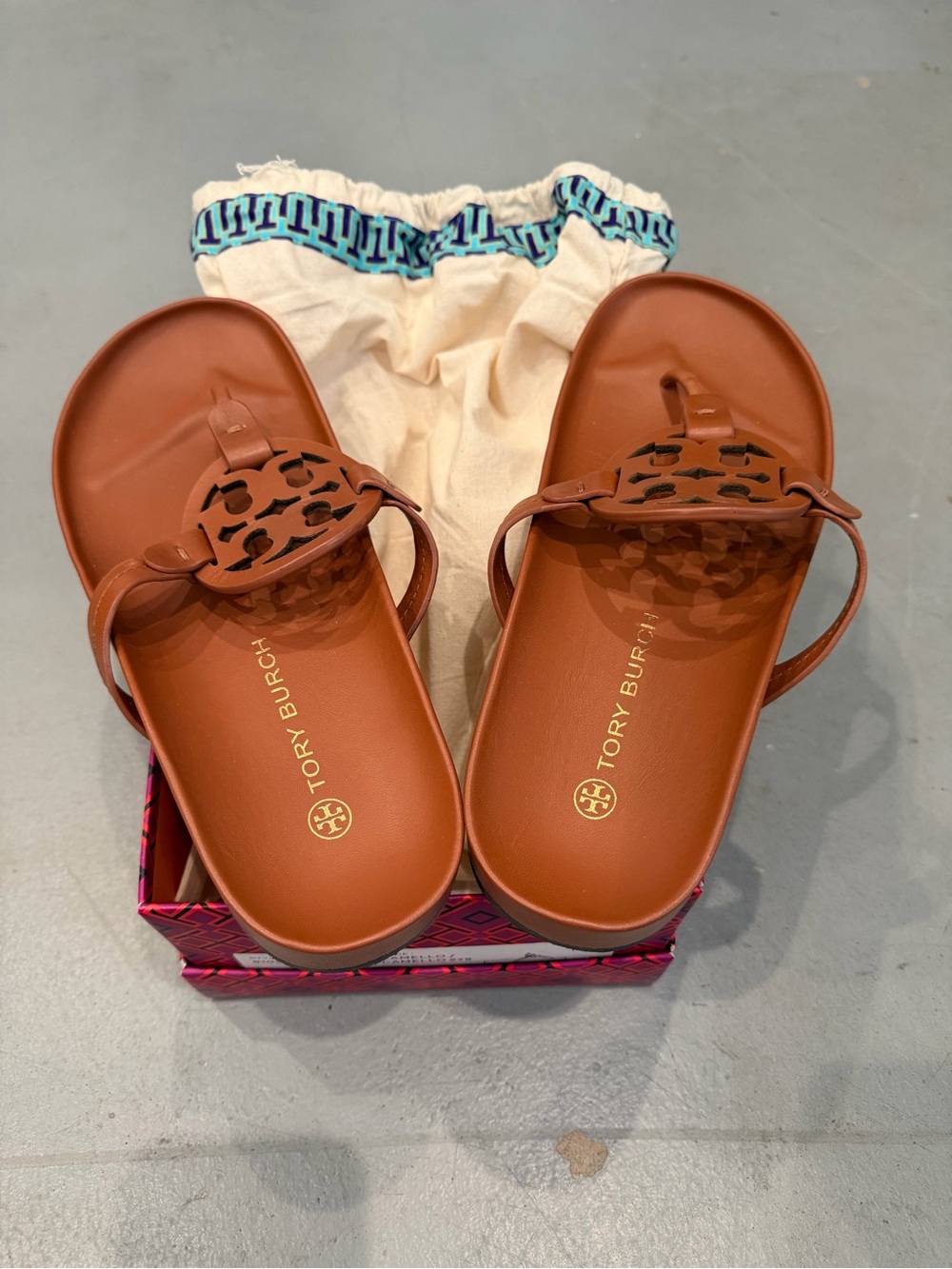 Tory Burch Tan Leather Logo Thong Sandals